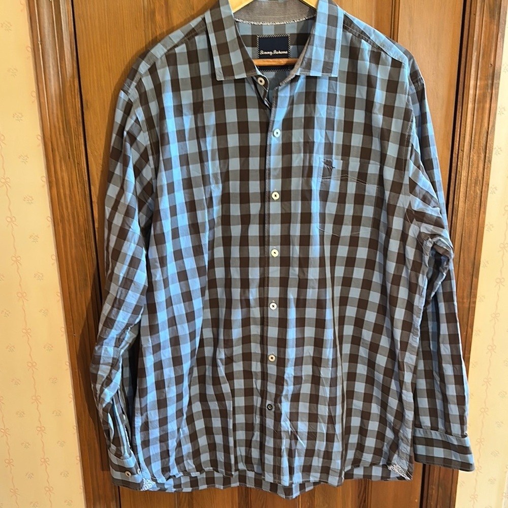 Tommy Bahama Blue and Brown Checkered Men's Shirt Size XL